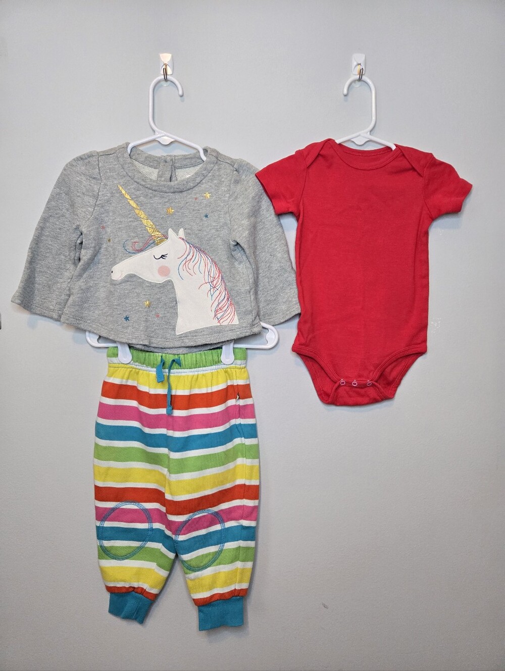Frugi Rainbow Striped Sweatpants, Primary Red Bodysuit 9-12m & Baby GAP